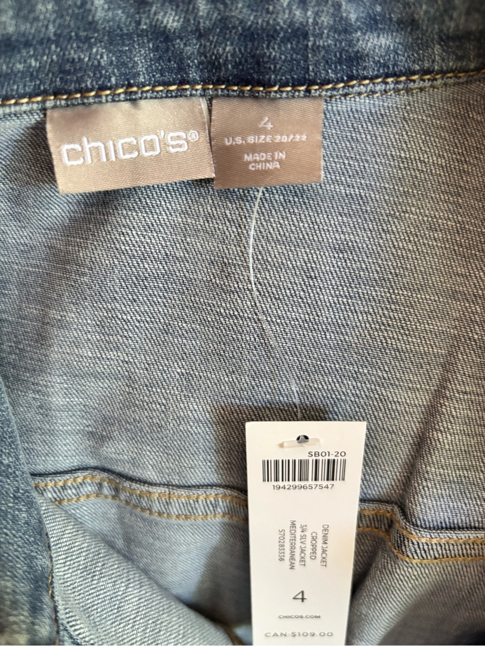 *NEW* Chico’s Cropped Denim Jacket 3/4 Sleeve - Mediterranean - Size - 20/22 - Picture 9 of 11